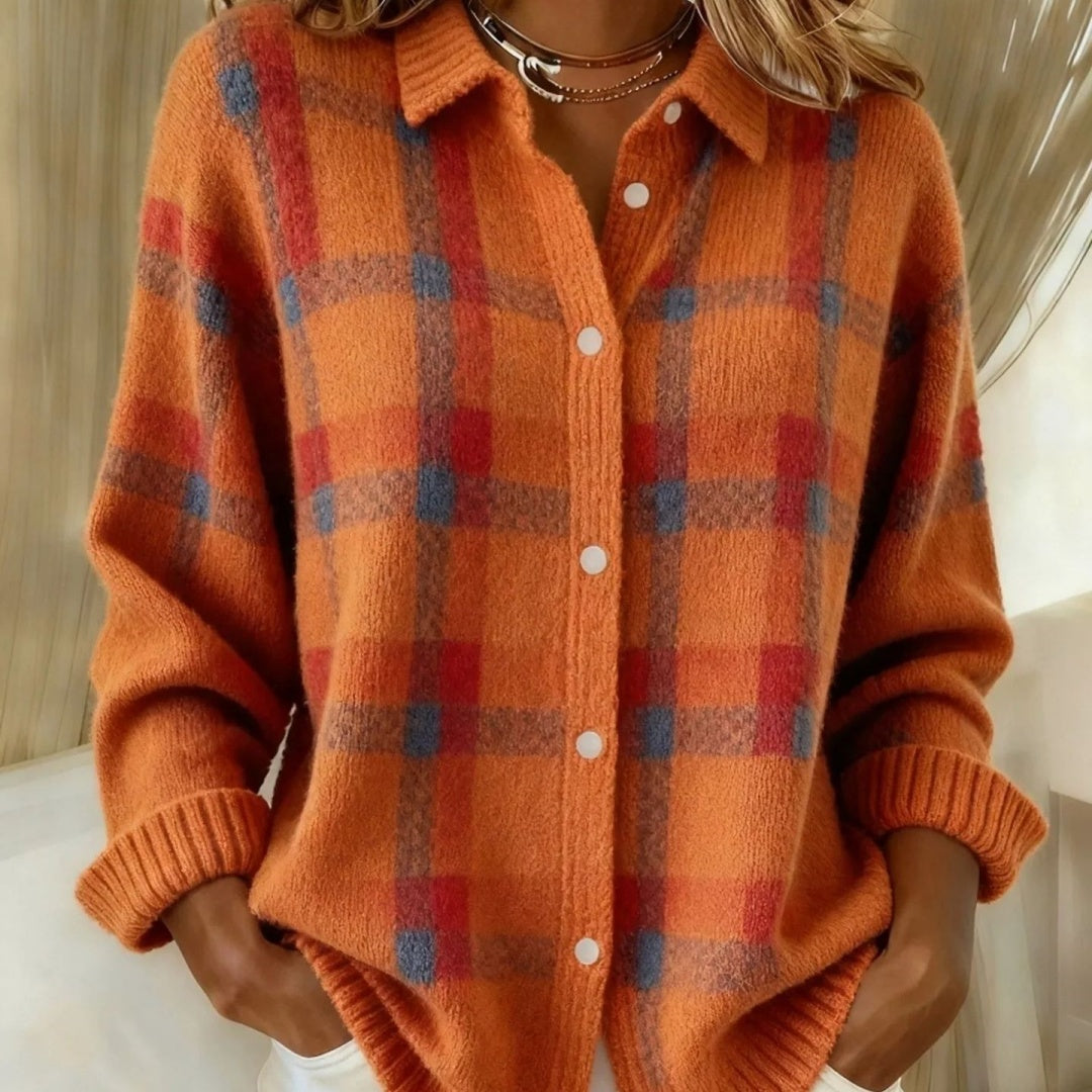 Women's Contrast Plaid Knit Sweater Casual Long Sleeve Pullover Top For Fall Winter Clothing
