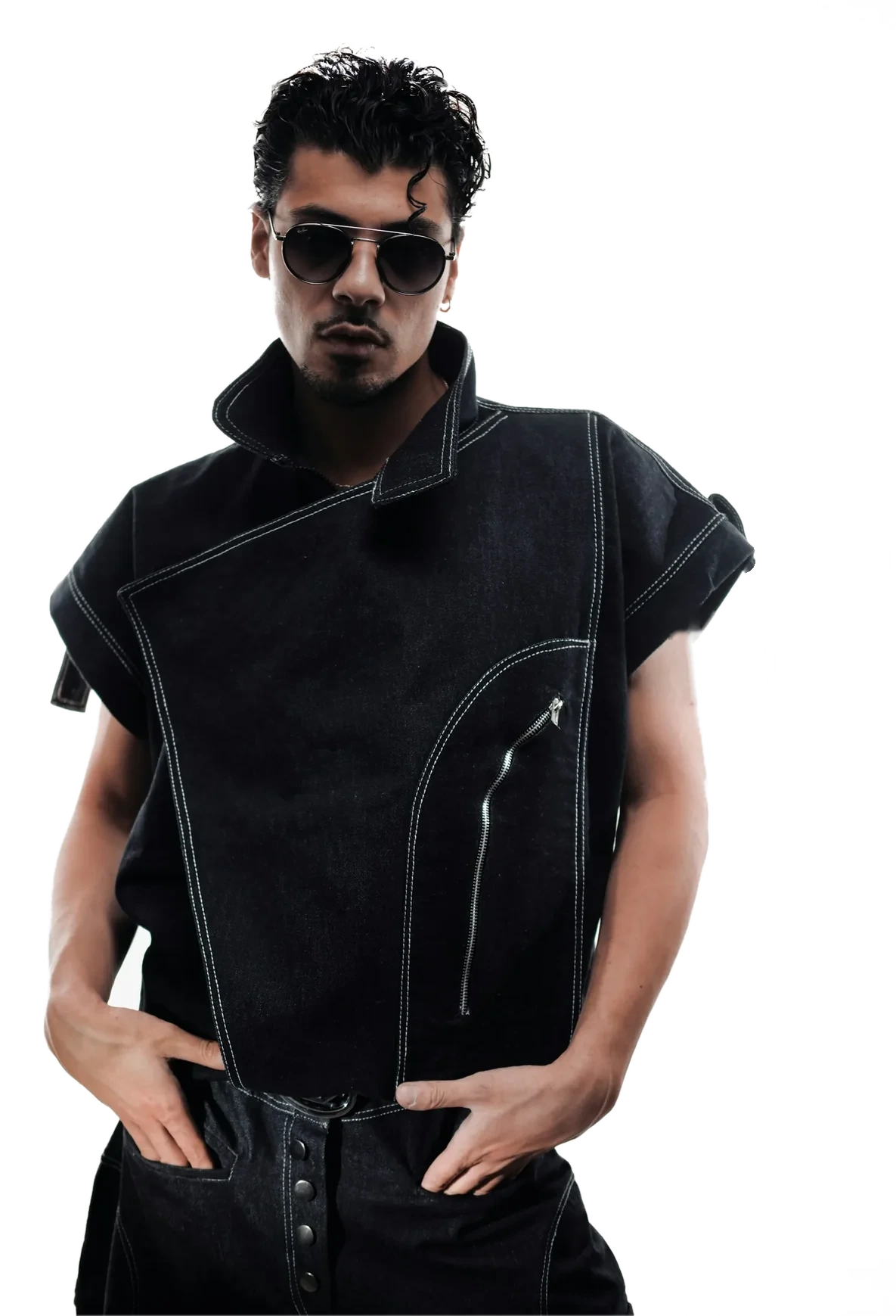 Model in a black technical vest