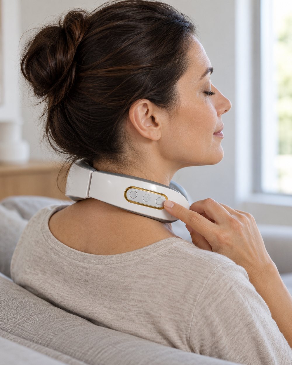 Seen from behind, the collar resting on the back of a woman's neck with the arms curving forward