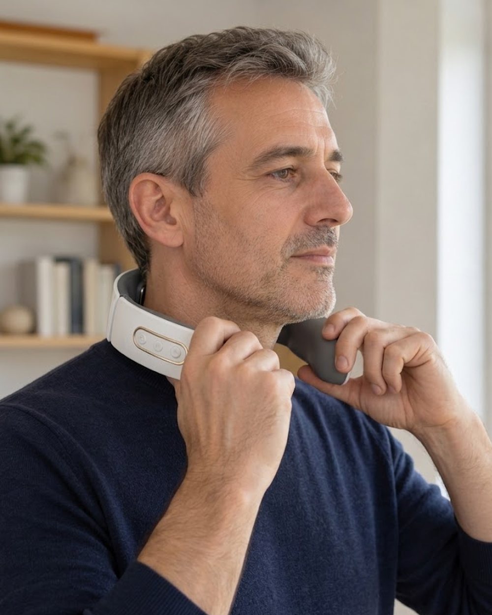 The same man sliding the collar onto his neck from the front
