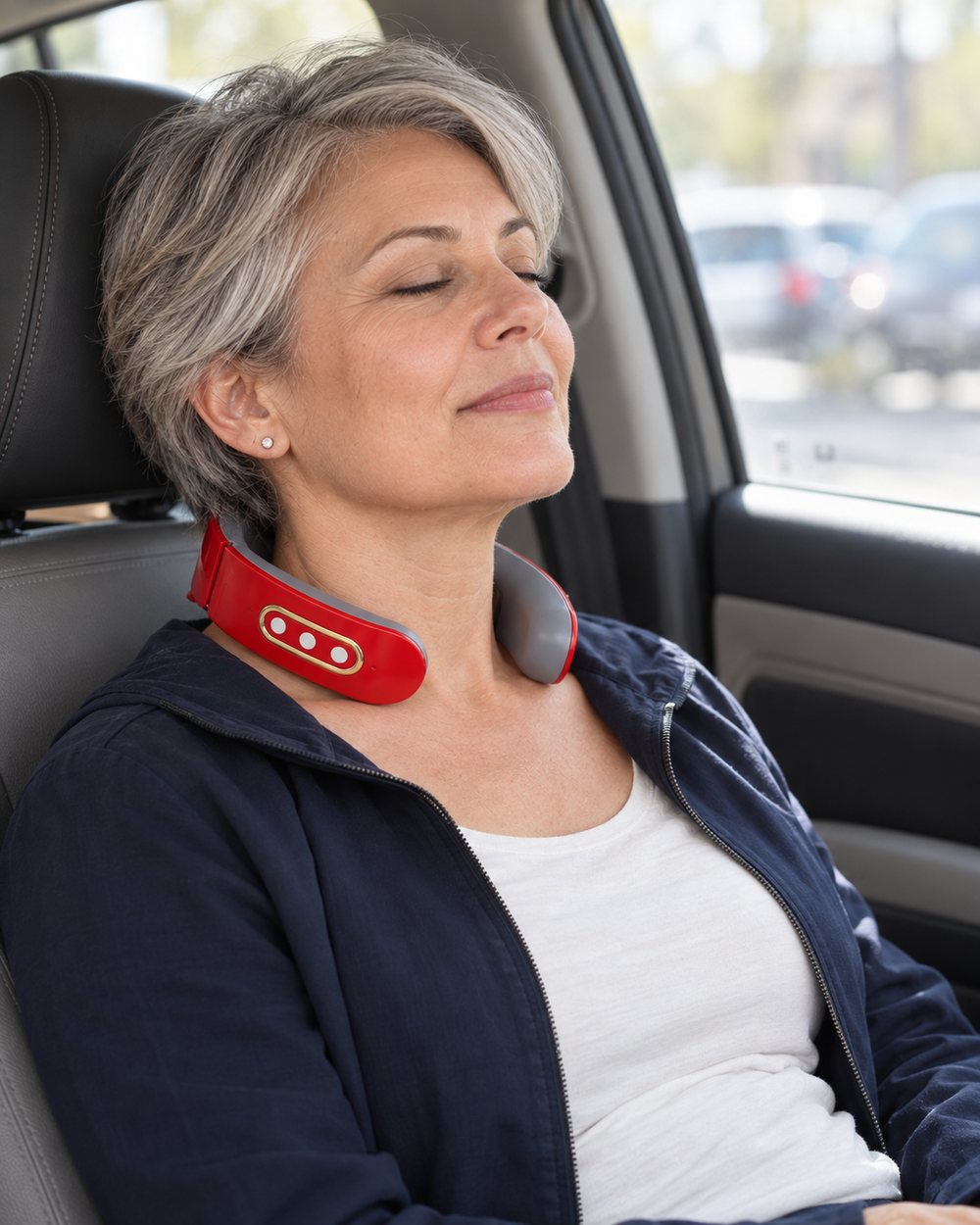 A woman in her fifties sitting in a parked car wearing the red collar