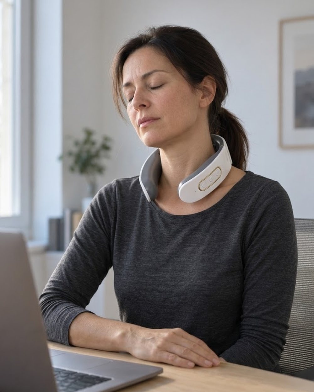 The same woman at the same desk wearing the collar, hands resting, eyes closed