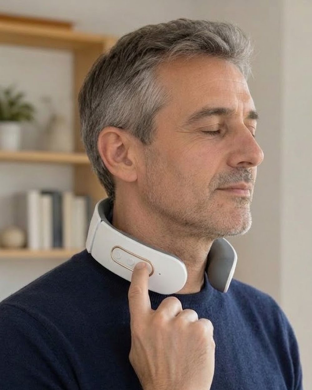 The collar settled at the base of his neck as he presses a button