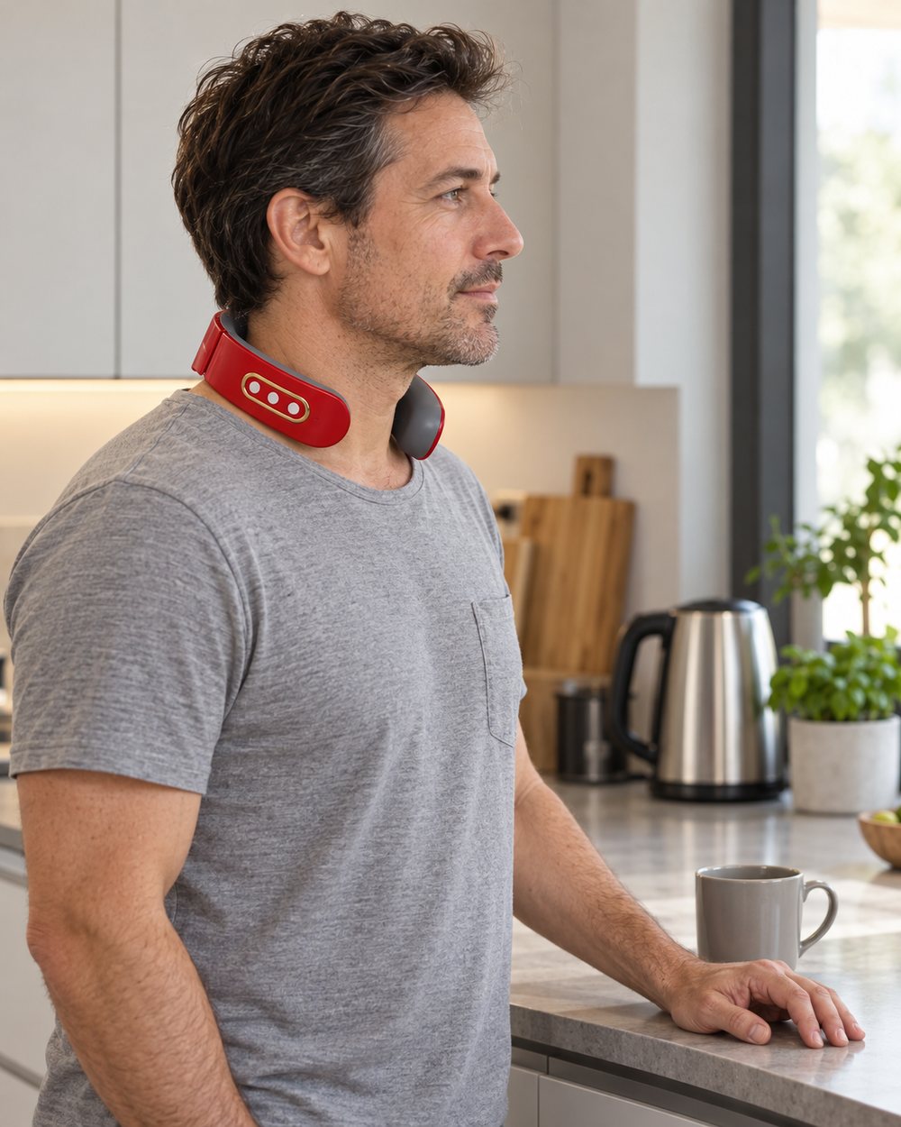 A man in his forties wearing the red collar while waiting in the kitchen