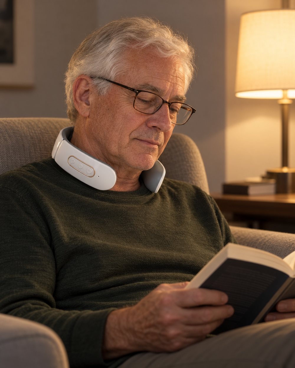 An older man reading under a lamp wearing the white collar