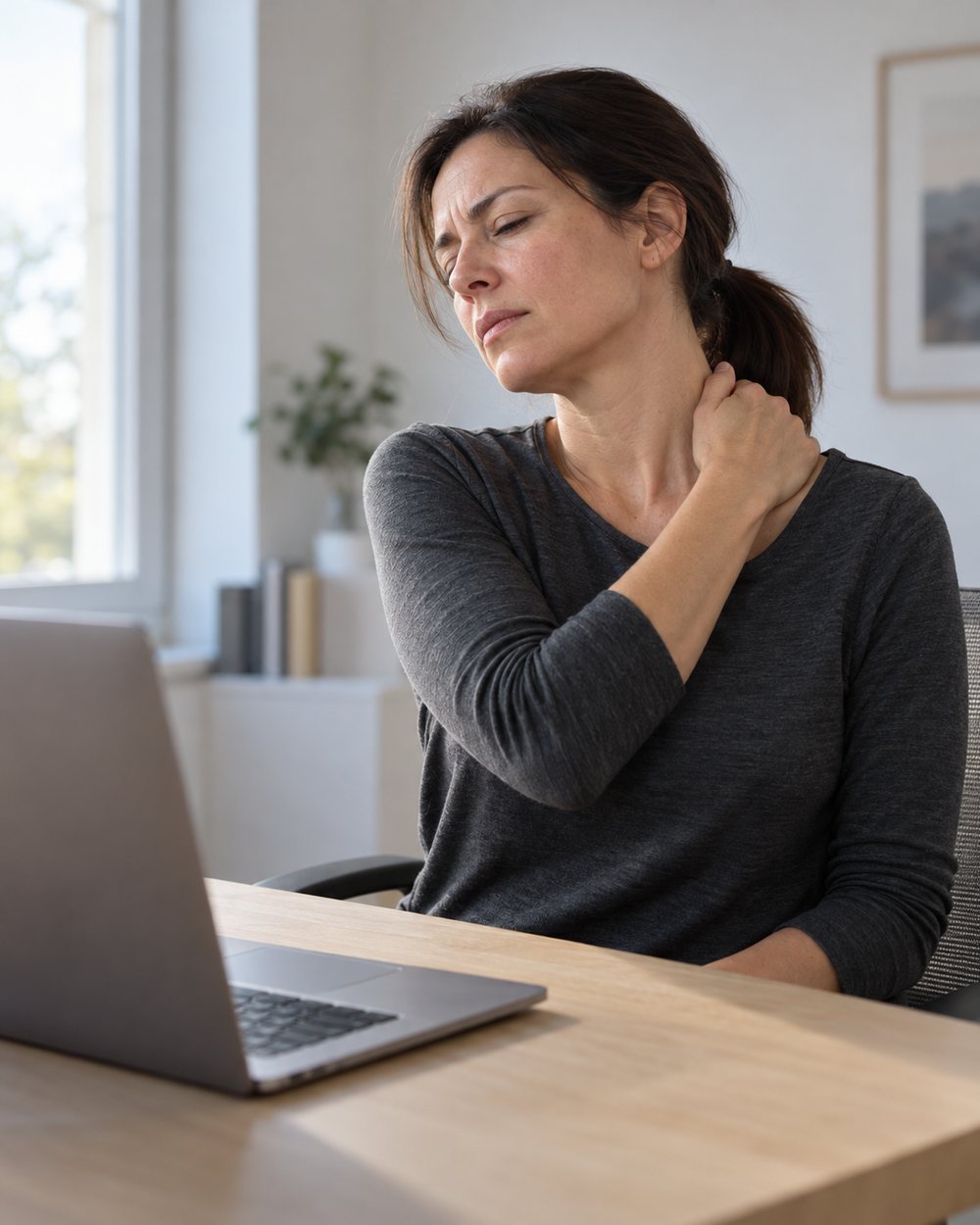 A woman at her laptop reaching up to squeeze her own neck