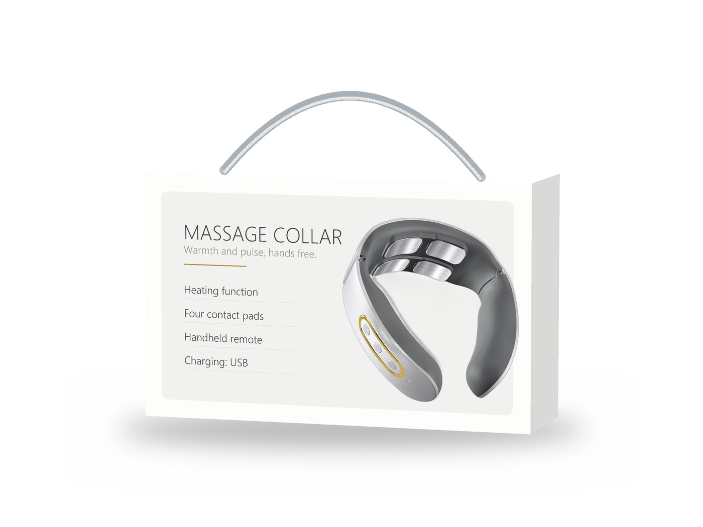 The retail carton for the neck massage collar, printed with the four key features and showing the white collar