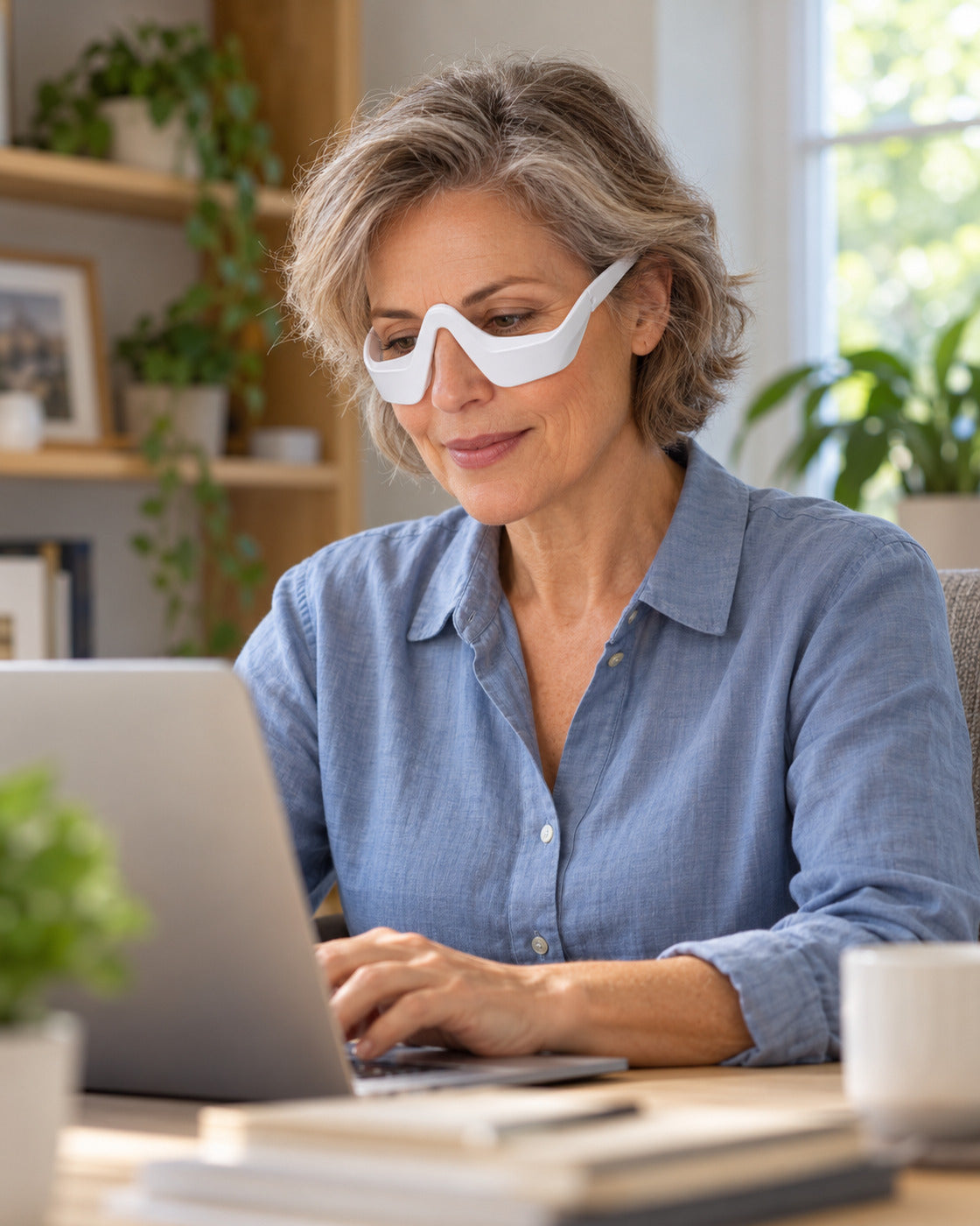 An older woman working at a laptop, her whole face and white massage glasses visible