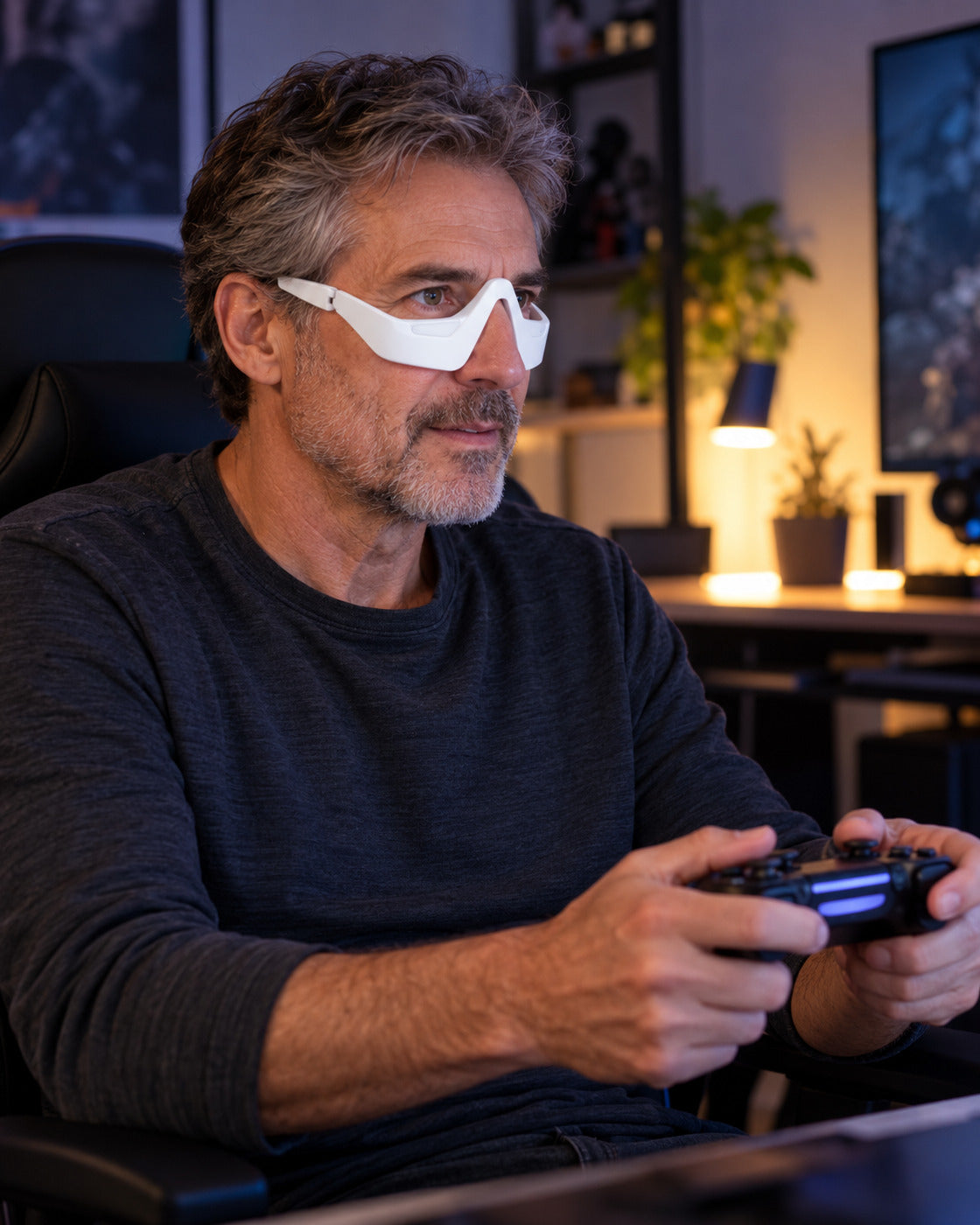 An older man using a controller at his gaming desk while wearing the open-eye massage glasses