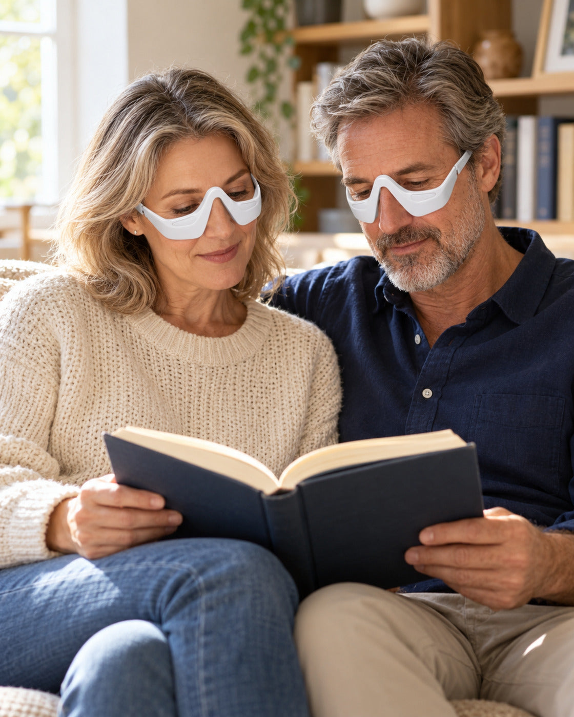 An older couple reading together at home, both wearing the open-eye massage glasses