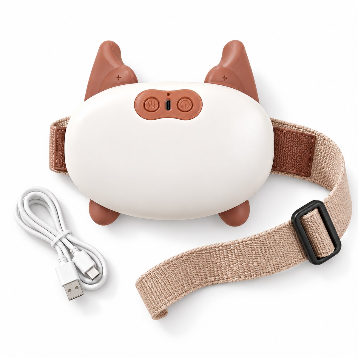 Overhead view of the massager with its strap extended and charging cable coiled