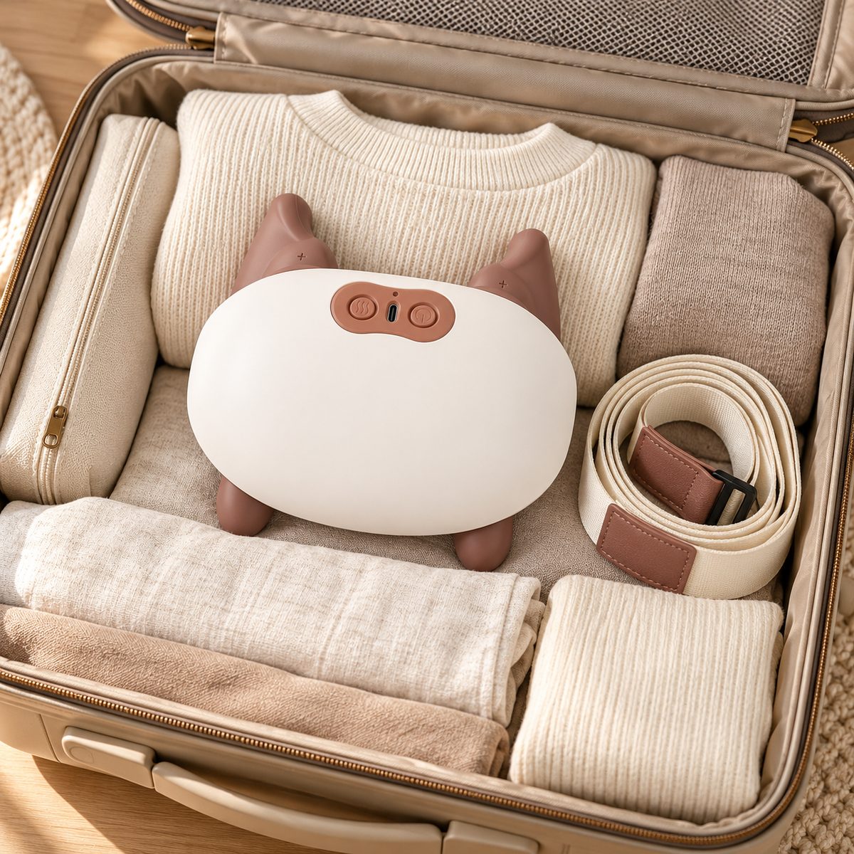 The massager packed in an open carry-on among folded clothes