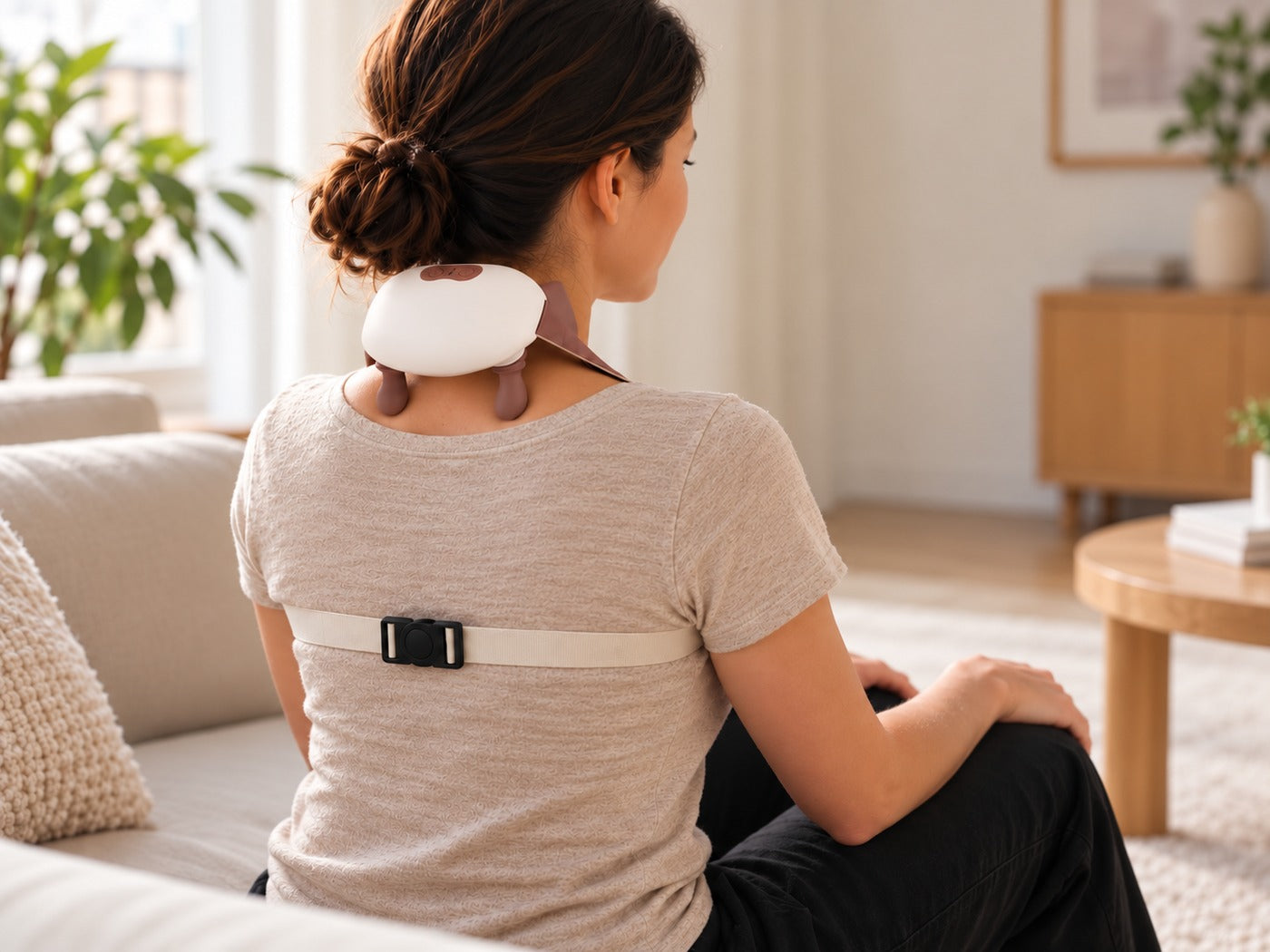 Seated wearing the massager with shoulders dropped and relaxed